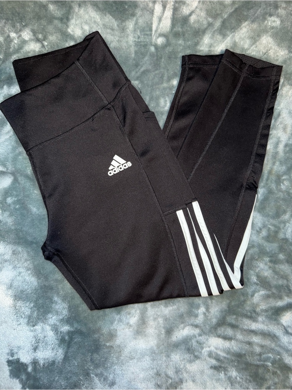 adidas women’s Capri Black Athletic Leggings with White 3-Stripes and mesh ankle